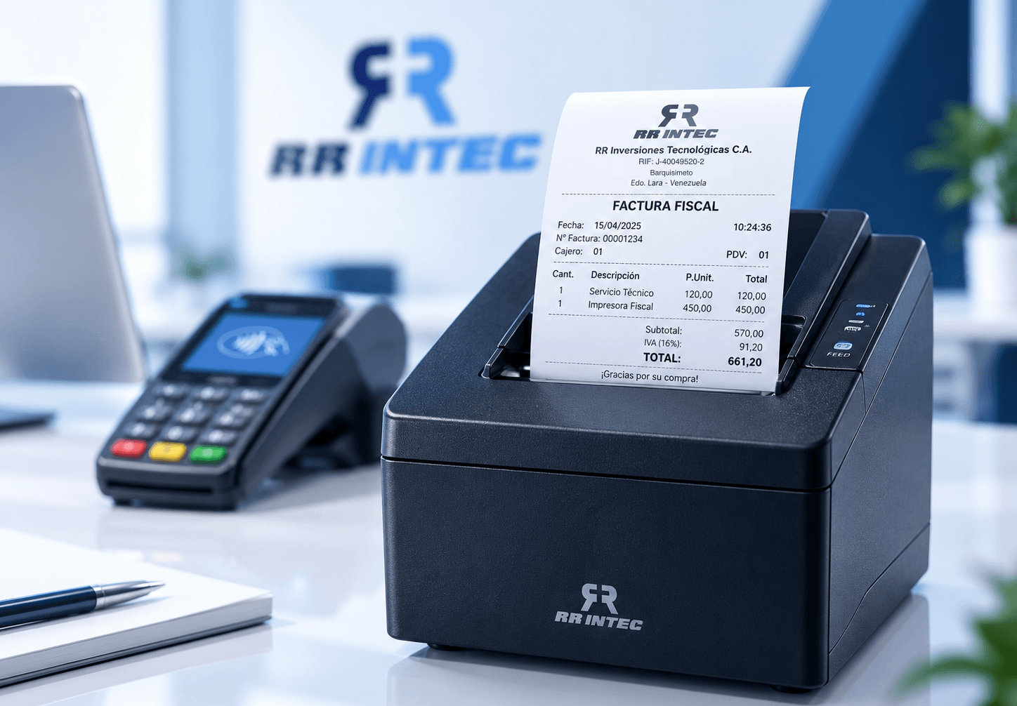 Impresora fiscal RR INTEC emitiendo una factura fiscal en un punto de venta